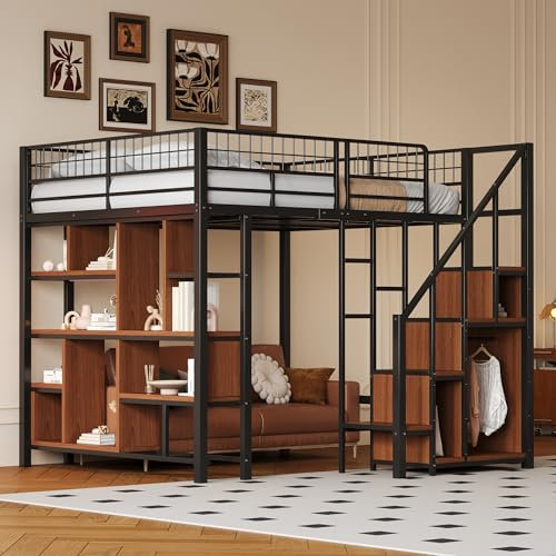 Arhatreya Hochbett 140x200 cm, Metallbett mit Stauraum, Jugendbett mit Ablageflächen, Kinderbett mit Treppe, Bett für Erwachsene Kinder Jugendliche (Ohne Matratze) Schwarz