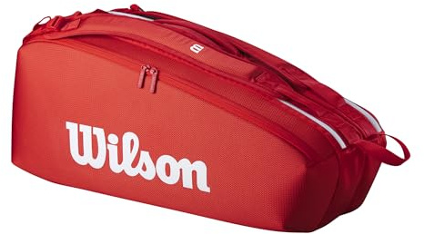 WILSON 2025 Super Tour Red Tennis Racket Bag - Red/White, Holds up to 6 Rackets