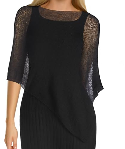 Jamntower Women's Black Sheer Poncho Shrug Summer Blouse Top Lightweight Poncho Sheer Bolero for Formal Evening Dress