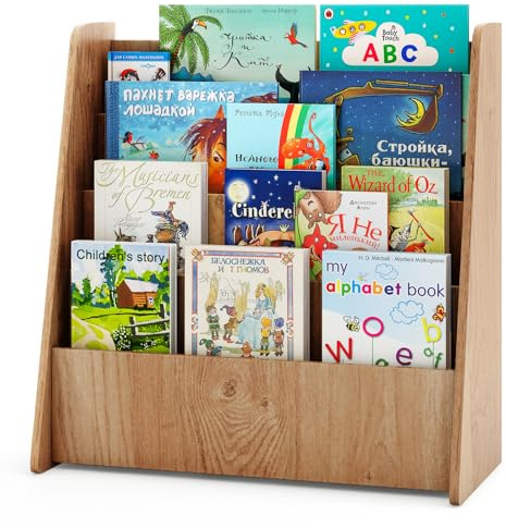 DREAMADE 4-stöckiges Kinderbücherregal aus Holz, Kinderregal mit rutschfesten Füßen & pflegeleichter Oberfläche, Holzregal zur Aufbewahrung, für Kinderzimmer & Spielzimmer (Natur)