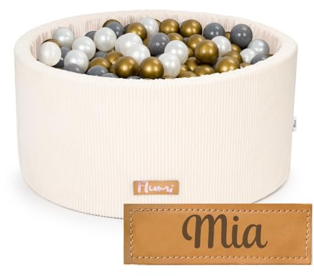 Flumi Personalisierte Bällebad Kinder ab 1 Jahr - Bällepool Baby 90x40cm mit 200 Bällebad XXL bällebadbälle ∅ 7cm in EU hergestellt - (Kord Creme)