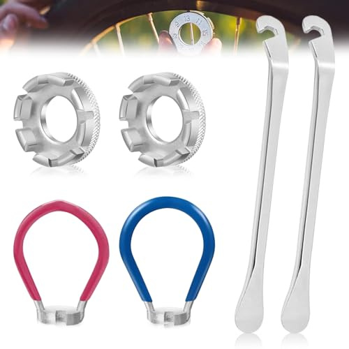 6 PCS Bike Wheel Spoke Tool, 6 in 1 Spoke Key Spanner Wheel Wrench 10-15 Gauge Spokes Wrench with Rim Correction Tools Tire Levers for Adjust Cycling Wheels Tension