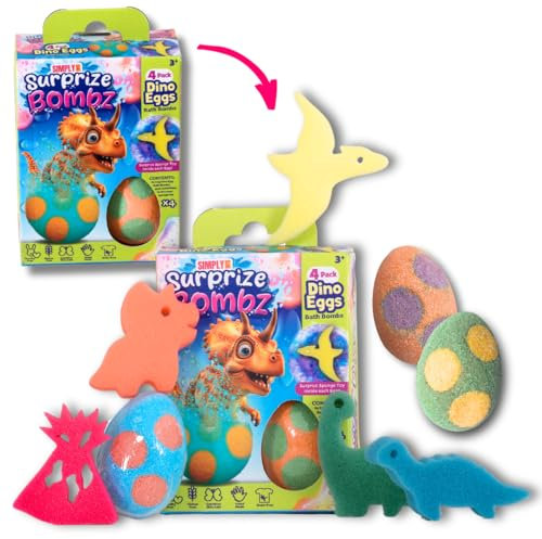 Simply Toys - Surprize Bombz Dino Eggs Bath Toys - 4 Pack Bath Bombs for Kids, 55g Each, Handmade Vegan, Cruelty-Free, with Hidden Surprise Toys Inside, Non-Staining Colorants, Ages 3 and Up
