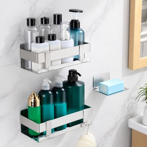 YIGII Duschablage ohne Bohren, 3 Stück Edelstahl Duschregal, Silber | Große Ablagefläche, Selbstklebende Montage, Mit Seifenschale & 4 Haken, Für Dusche, Küche und Waschbecken