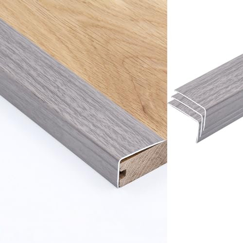 3 Pack Metal Stair Nosing for Carpeted Stairs, 36 48 Inches Tall Stairs Step Edging Trim/ Laminate Tile Stair Caps with Wood Grain Surface, Staircase Edge Protector Strips L Shape(Dark grey,L 36in/91.