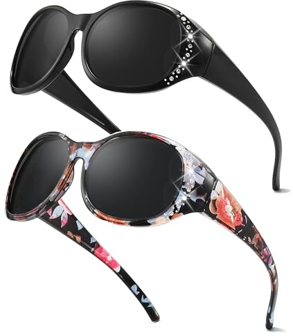 Myiaur 2-pack polariserade solglasögon för glasögonbärare damer UV-skydd med glittrande ram överdragna solglasögon för bilkörning, A03 (2-pack) svart + blommönster