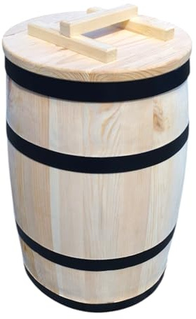 Holzfass mit Deckel aus Naturholz – Rustikales Aufbewahrungsfass ohne Metallreifen – Handgefertigt & wetterfest 60 Liter