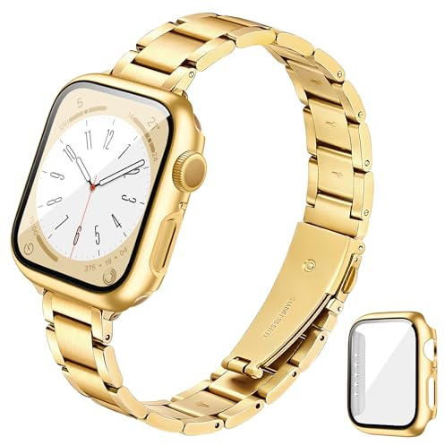 G-ficu Slim Metal Strap with Case Compatible with Apple Watch Straps Women 42mm with Screen Protector, Thin Stainless Steel Band, Easy Adjustable iWatch Strap for Apple Watch Series 11 10, Gold