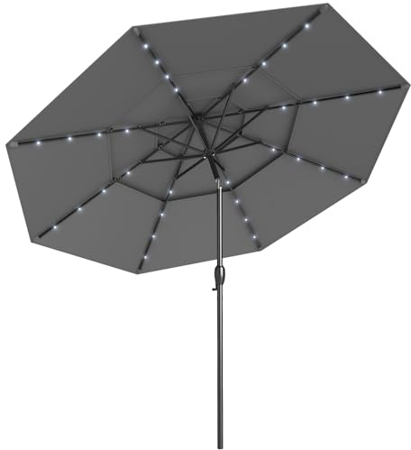 GOPLUS Sonnenschirm 300 cm mit LED Beleuchtung, Terrassenschirm mit Kurbel, stabiler Gartenschirm beidseitig um 35° knickbar, Marktschirm mit 3-stufiges Dach, für Garten, Terrasse & Balkon, Grau
