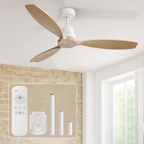 Sofucor Deckenventilator mit Fernbedienung, Deckenventilator aus Massivholz mit 3 Holzlüfterblätter, 132cm, Leise, 6 Geschwindigkeiten, Timer, DC Motor, Sommer-Winterbetrieb für Schlafzimmer