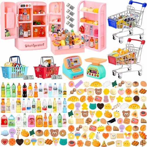 150Pcs Mini Shopping Cart Basket Miniature Food Drink Bottle Toys, Supermarket Metal Handcart Trolley Dollhouse Store Accessories Kitchen Play Game Party Model Shelves Register Refrigerator Fridge