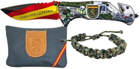 Navaja Guardia Civil Todo Por La Patria + Monedero De Piel Artesanal + Pulsera Paracord Ajustable | Hoja Acero 3Cr13MoV | Corta Cinturón, Rompecristales y Mango Aluminio | Caja Regalo (Guardia Civil)