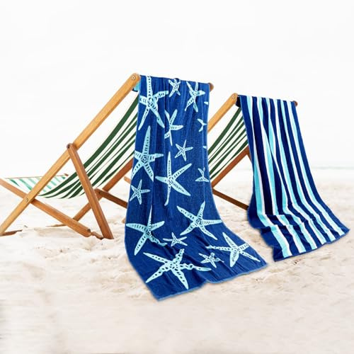 Casa Copenhagen Miami Badetücher, 2er-Set aus Baumwolle, schnelltrocknend und langlebig, 76 x 152 cm - Seestern Marineblau + Türkis gestreift
