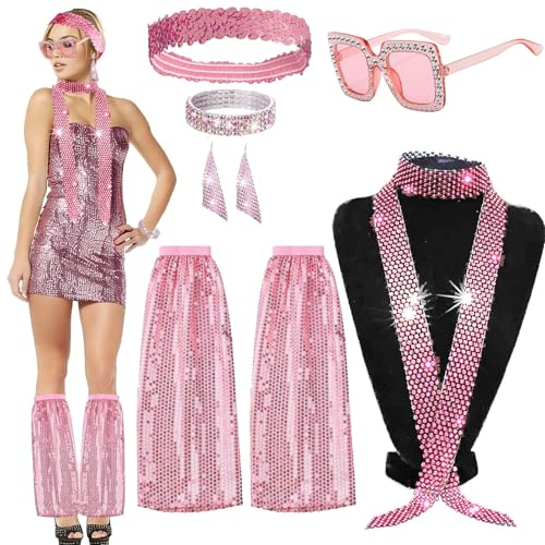 8 Stück 70er 80er Disco Outfit Damen, Discokugel Karneval Kostüm mit Sonnenbrille, Stirnband, Armband, Ohrringe, Schal, Pailletten Stulpen, Disco Accessoires Damen für Fasching Karneval, Kostüm(Rosa)
