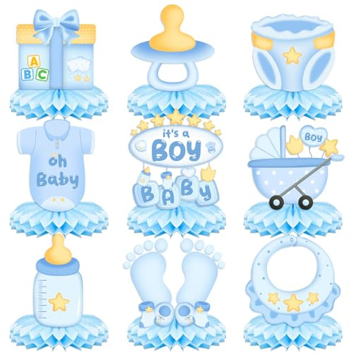 Bafutayawa Baby Shower Deko Boy Honeycomb Centerpieces, Tischdeko Babyparty Junge Gender Reveal Party Zubehör, Deko Geburtstag Blau 9 Stück Set, Oh Baby Willkommen Neugeborenes Foto Requisiten