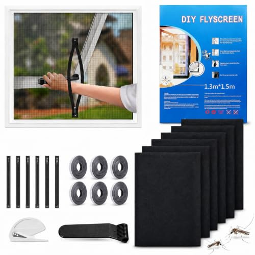 Mosquitera para Ventanas 6 Piezas 130x150cm con Cremallera | Malla Antiinsectos Recortable con Velcro Adhesivo Sin Taladrar, Mosquitera DIY para Dormitorio, Cocina y Salón