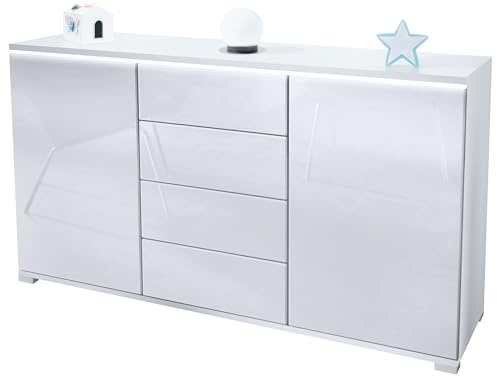 Vladon Buffet Dressoir Faro, Corps en Blanc Mat/Façades en Blanc Haute Brillance (139 x 72 x 35)
