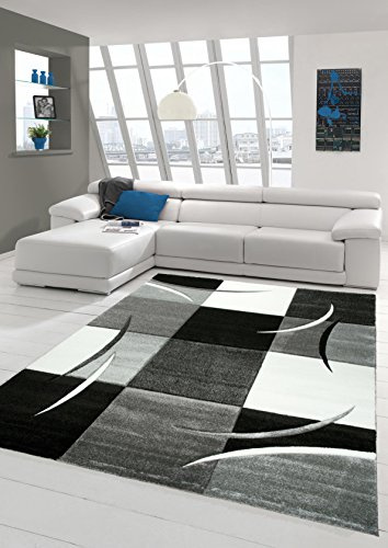 Designer Teppich Moderner Wohnzimmer Kurzflor Mit Konturenschnitt Karo Muster Grau Weiss Schwarz Größe 60x110 cm