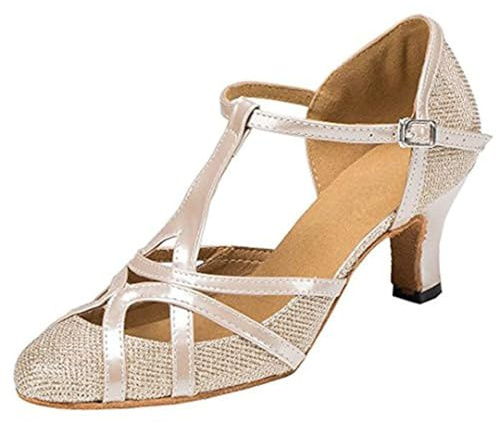 MINITOO Latinamerikansk salsa T-rem stängd tå syntetisk balsal dansskor kväll bröllopspumpar, Th101 Champagne 6 cm klack, 39.5 EU