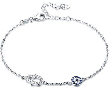 Blue Evil Eye Hamsa Hand of Fatima Bracelet Sterling Silver 925 Cubic Zirconia Chain 6.5inch+1.5inch