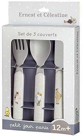 PETIT JOUR PARIS - Set de 3 Couverts pour Bébé Ernest et Célestine - 1 Couteau à Bout Rond + 1 Cuillère + 1 Fourchette à Dents Courtes - Inox + Ergonomiques en ABS - 12+