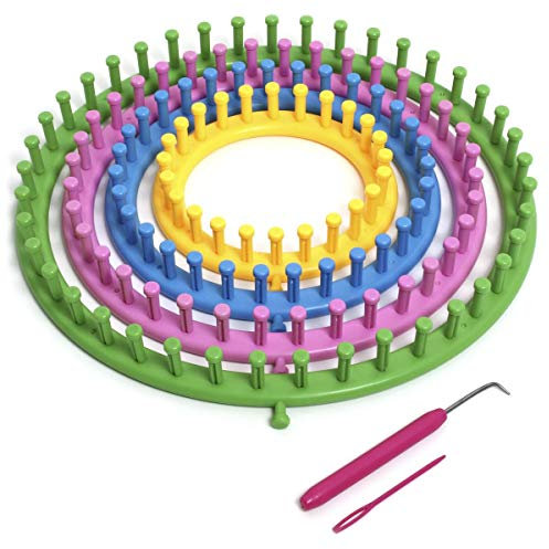igadgitz home U6988 - Runder Strickrahmen, Knitting Loom Set, Strickring Set (4 Größen - 14 cm|19 cm|24 cm|29 cm) mit Stopfnadel und Häkelnadel - Mehrfarbig