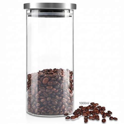 Topiky Glass Coffee Bean Storage Jar, Stainless Steel Lid Sealed Container, 1000ml Large Capacity Food Tank Kitchen Supply
