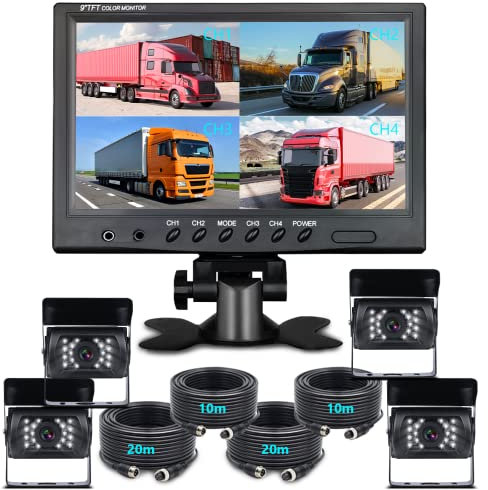 9 Zoll Rückfahrkamera Set Monitor mit 4 Pin Kabel, 4 Wasserdicht Nachtsicht Spiegel Kameras für LKW Wohnmobil Anhänger Wohnwagen Landwirtschaft, 12V/24V/35V Einparkhilfe Hinten Rückfahrkamera Kabel