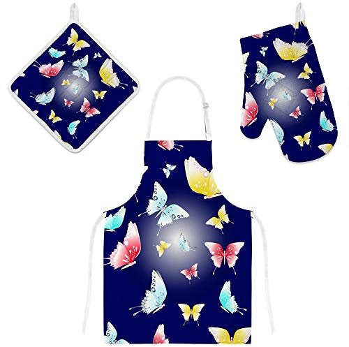 jeansame Apron and Oven Glove Mitt Pot Holder Set Butterfly Cute