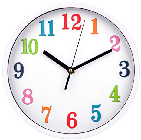 Jucoan 10 Inch Colorful Kid Wall Clock, Silent Non Ticking Quartz Battery Operated Decorative Round Clock for Children Bedroom, Nursery Room, School, Home