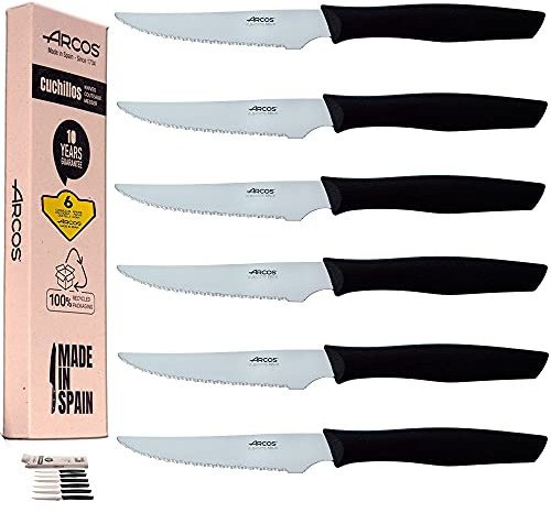 Arcos Couteaux à Viande - Couteaux pour viandes 6 pièces - Couteaux à Viande - Lave-Vaisselle - Haute résistance - Acier Inoxydable - Manche en polypropylène - Noir - Emballage écologique