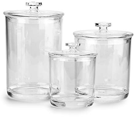 Hipiwe Clear Plastic Apothecary Jars with Lid, Large Size Bathroom Storage Canister Jar Cotton Ball and Swab Organizer Q-Tips Holder, 60-Ounce, 30-Ounce and 15-Ounce, Set of 3