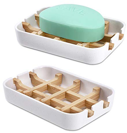 Fufengz Bamboo Wooden Soap Dishes for Bathroom Bar Soap Holder Shower Soap Holder Sink Deck Bathtub Shower Tray (Two Pieces White)