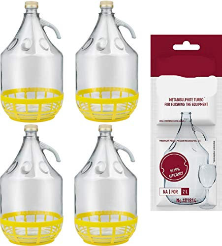 lilawelt24 4 STÜCK 5L Flasche mit Schraubverschluß und Schutzkorb+ Schwefelpulver GLASBALLON Weinballon GÄRBALLON GLASFLASCHE Flasche Gallone Leere Glasflasche zum Befüllen