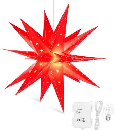 3D Weihnachtsstern Beleuchtet Fenster Batterie mit Timer - 45cm led Weihnachtsbaumspitze Stern, Leuchtstern Stern Zum Dekorieren von Weihnachtsbaum, Innenhof, Balkon Und Garten