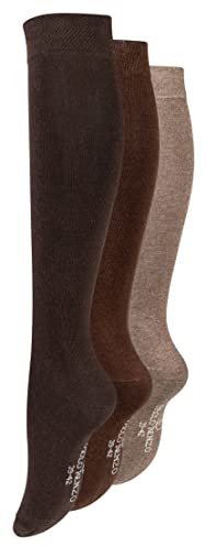 Paolo Renzo Damen Baumwoll-Kniestrümpfe Uni 3 Paar - Lange Socken Atmungsaktiv - Breiter Pique Komfortbund - Größe 39/42 - Braun
