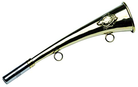 Januel Jagdhorn – Flachhorn – Jagdhorn im Schlag – Länge 25 cm – geschweißte Transportringe – Wildschwein-Dekor – vergoldetes Messing – austauschbare Pfeife