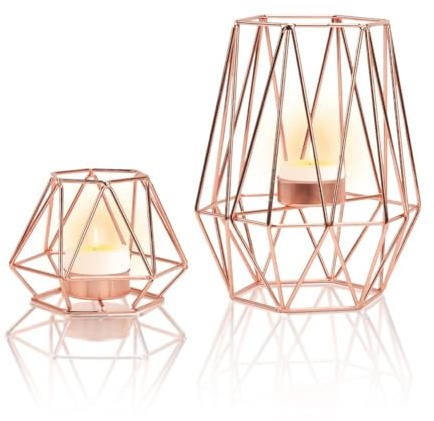 Gohytal Teelicht Kerzenhalter, 2 Stück Geometrisches Kerzenhalter aus Metall Rose Gold Vintage Teelichthalter Esstisch Deko Hochzeit Kommunion Wohnzimmer Valentinstag Muttertag