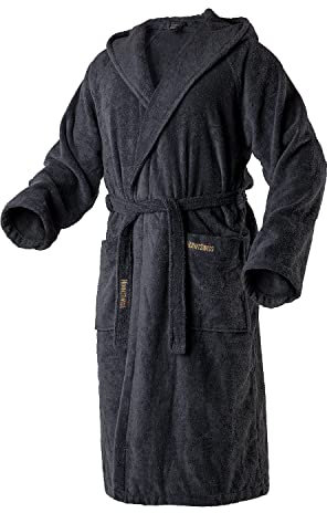 Mount Swiss Damen Herren Bademantel ONEX mit Kapuze I Morgenmantel flauschig I Nachtwäsche aus edler Baumwolle Farbe: anthrazit, Grösse: 5XL
