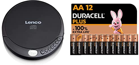 Lenco CD-010 Walkman lettore CD portatile con cuffie e cavo di ricarica micro USB, Nero & Duracell NUOVO Plus AA, Batterie Stilo Alcaline, confezione da 12, 1.5 volt LR6 MN1500