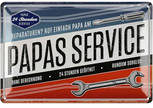 LANOLU Retro Blechschild PAPAS SERVICE - Schild Werkstatt Papa - Geburtstagsgeschenk, Vatertagsgeschenk Schild für Vater, lustige retro Deko mit Spruch - vintage Metallschild, 20x30 cm