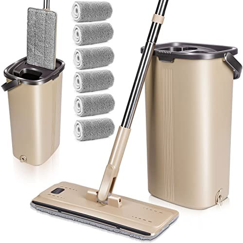 MASTERTOP Mocio Lavapavimenti e Secchio Strizzatore, Mocio Piatto Rotante a 360° e Secchio Autolavaggio, Mop a Mani Libere in Microfibra , con 6 Tamponi Riutilizzabili (Beige)
