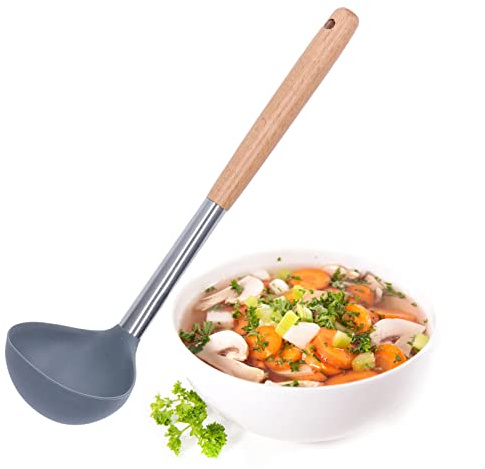 louche à soupe antiadhésive douce,Louche de cuisson en silicone, manche en bois doux et sûr, résistant aux rayures, cuillère de cuisine et de service pour soupe, chili, sauce, soupe louche ladel
