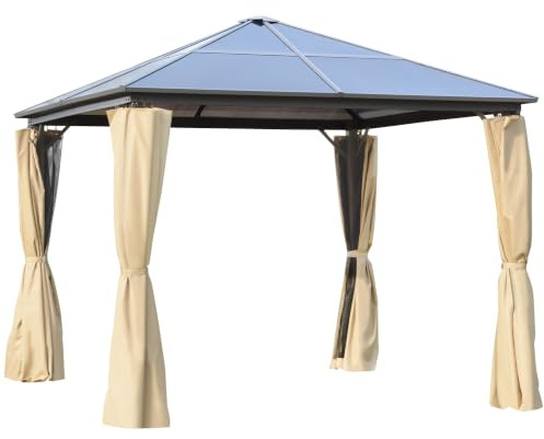 Outsunny Gazebo da Giardino Tetto Policarbonato, 3x3m Caffè e Khaki | Acciaio, Alluminio e Poliestere, Zanzariere