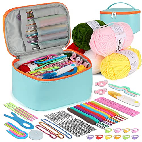 Coopay Häkelset für Anfänger Erwachsene, 58 Stück Häkelnadel Set Inklusive TPR Griff Häkelnadeln, Spitze Häkelnadel, Wolle und Häkelzubehör, Komplettes Häkelnadelset mit Tasche, Blau