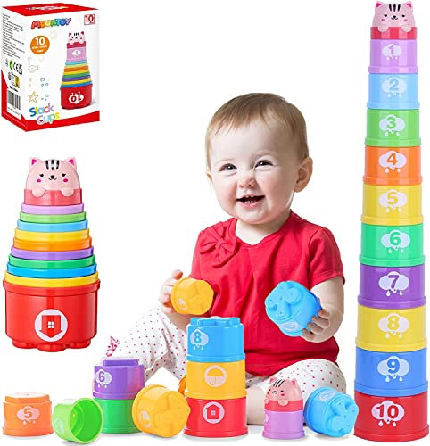 MOONTOY Baby Stacking Cups,11pcs Toddler Stacking Toys for 1 Year Old Boy & Girl, Infant Stackable Bath Toys with Numbers, Letters, Patterns, Development Educational Toys Gifts for 1 2 3 Years Old