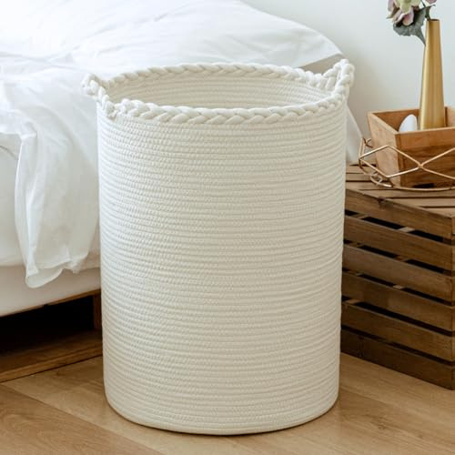 Homlikelan Gewebter Wäschekorb, 58 l, Baumwolle, hoher Wäschekorb für Decken, Kleidung, Kissen, Spielzeug, Schuhe, weiß