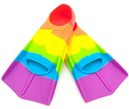Gugmoy Kids Swim Fins,Comfortable Silicone Flippers for Swimming and Diving,Size Suitable Beginners Kids Girls Boys Adults (XX-Small, Colorful-D)