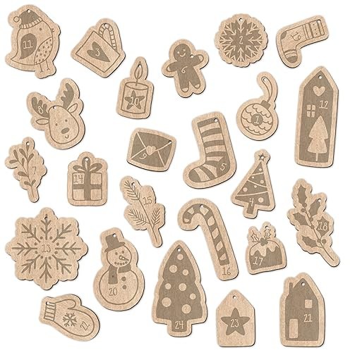 Papierdrachen 24 Adventskalender Zahlen aus Holz mit Baumwollschnur - weihnachtliche Motive - Elegante Deko für deinen Weihnachtskalender - für Kinder und Erwachsene - Set 8