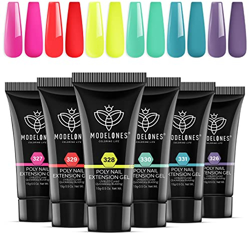 Modelones Poly Gel Neon mit 6 Farben Nude Weiß Rosa Gel Set Nägel Selber Set Quick Extension Building Acrylgel für Starter Nail Art Nageldesign Selber Mache